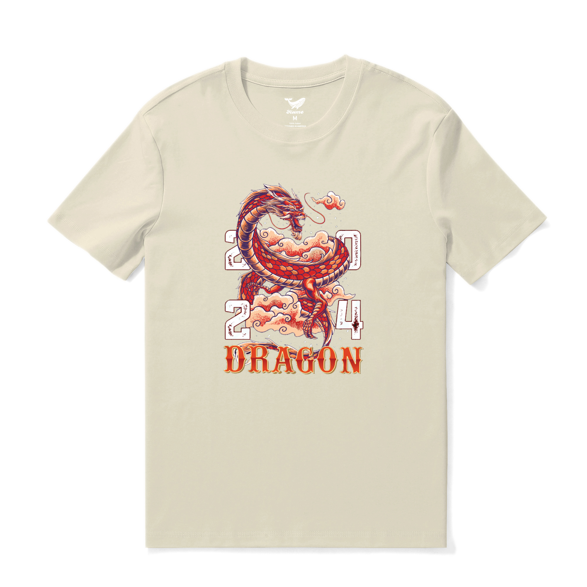 Hawaiian Tee For Men Year of the Dragon 2024 Tee Crew Neck 100% Cotton - BEIGE